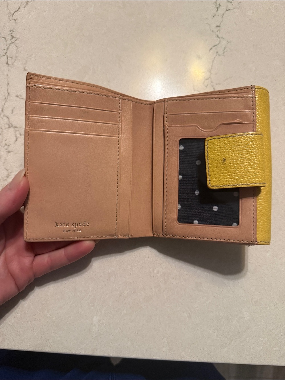 kate spade Mustard Yellow Pebbled Leather Small Wallet with Logo Plate - Picture 3 of 3